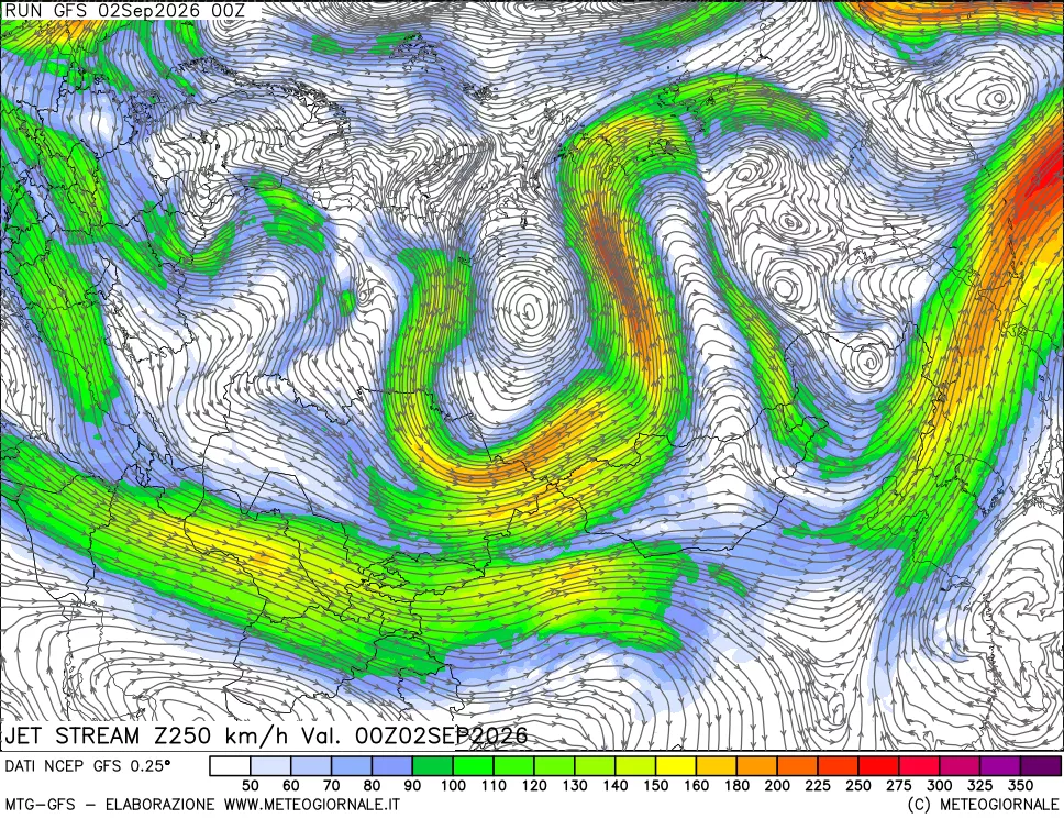 mappa 250 hPa Jet stream