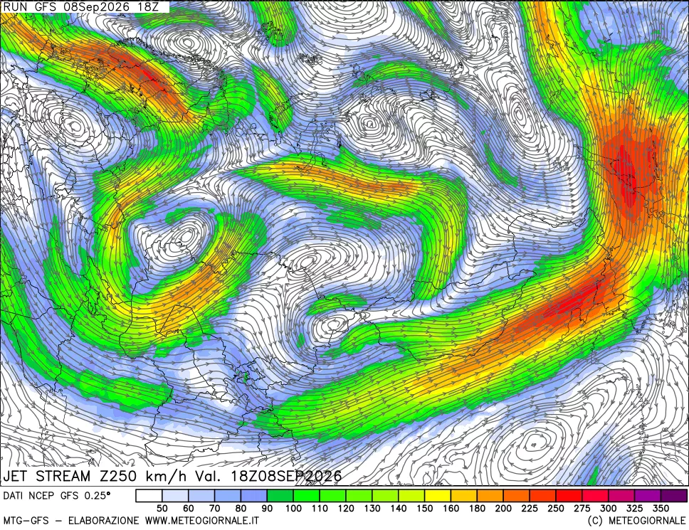 mappa 250 hPa Jet stream