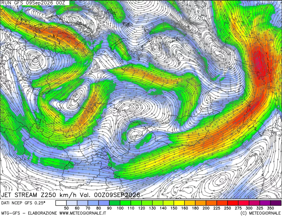 mappa 250 hPa Jet stream