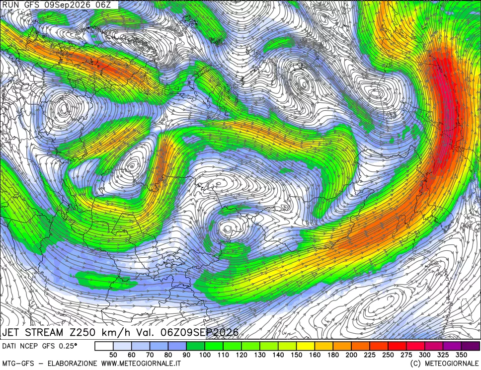 mappa 250 hPa Jet stream