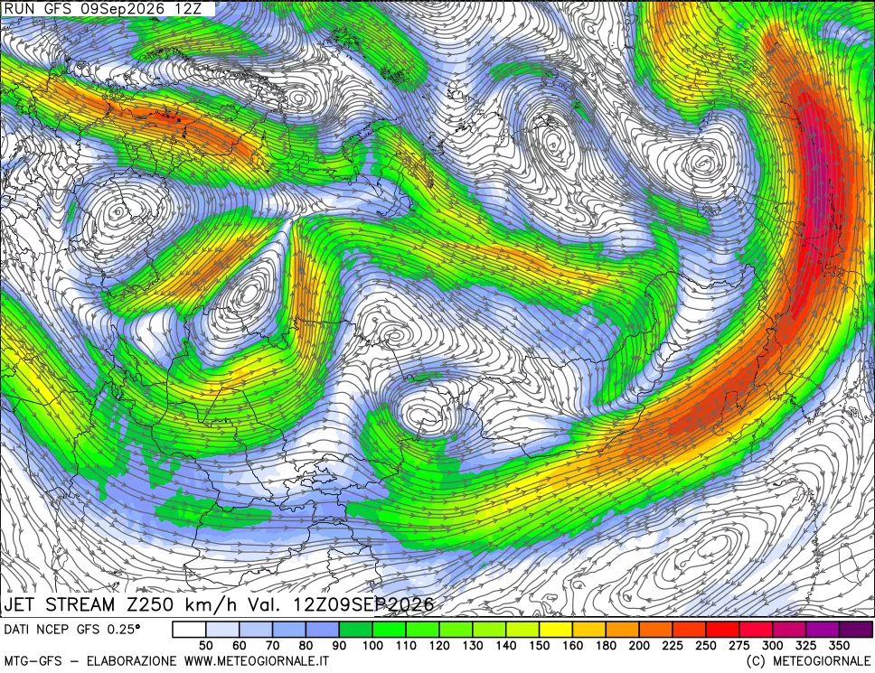 mappa 250 hPa Jet stream