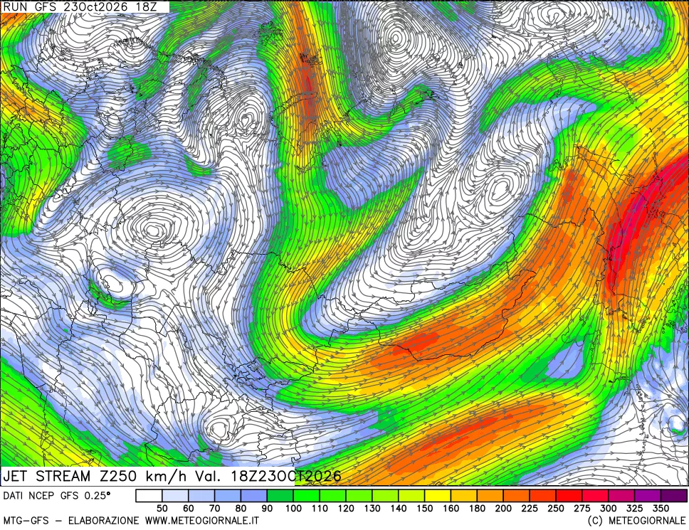 mappa 250 hPa Jet stream