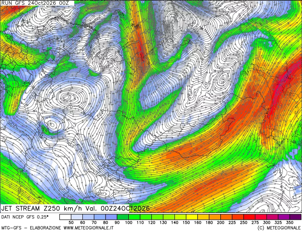 mappa 250 hPa Jet stream
