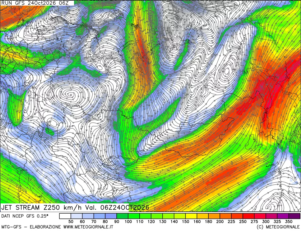 mappa 250 hPa Jet stream