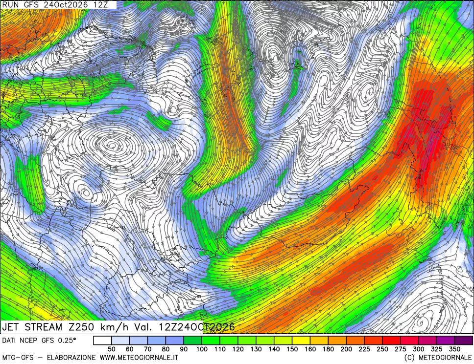 mappa 250 hPa Jet stream