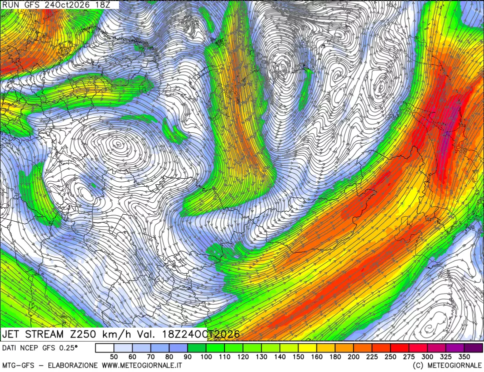 mappa 250 hPa Jet stream