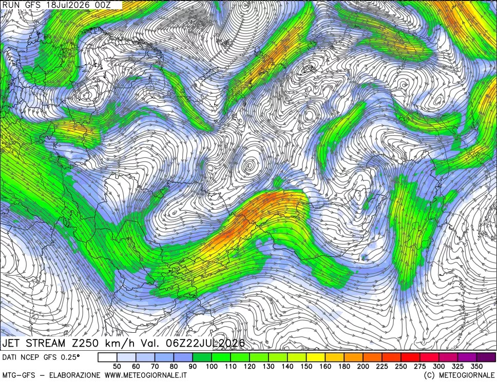 mappa 250 hPa Jet stream