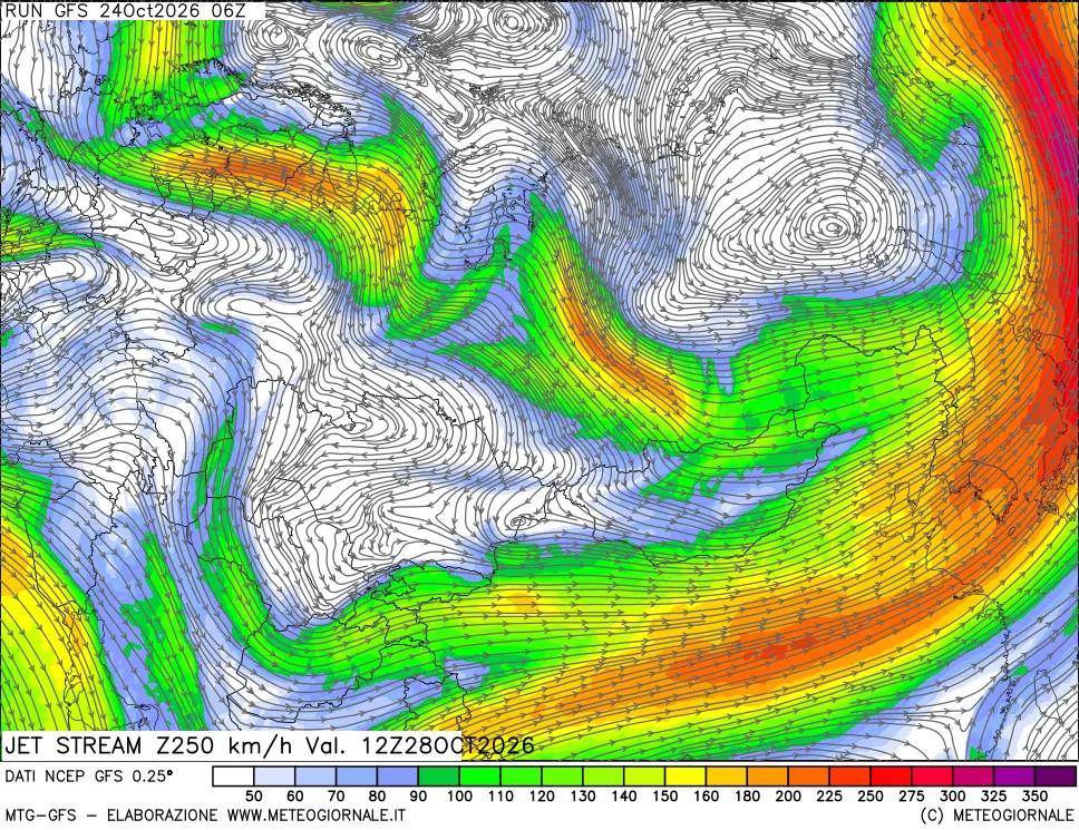 mappa 250 hPa Jet stream