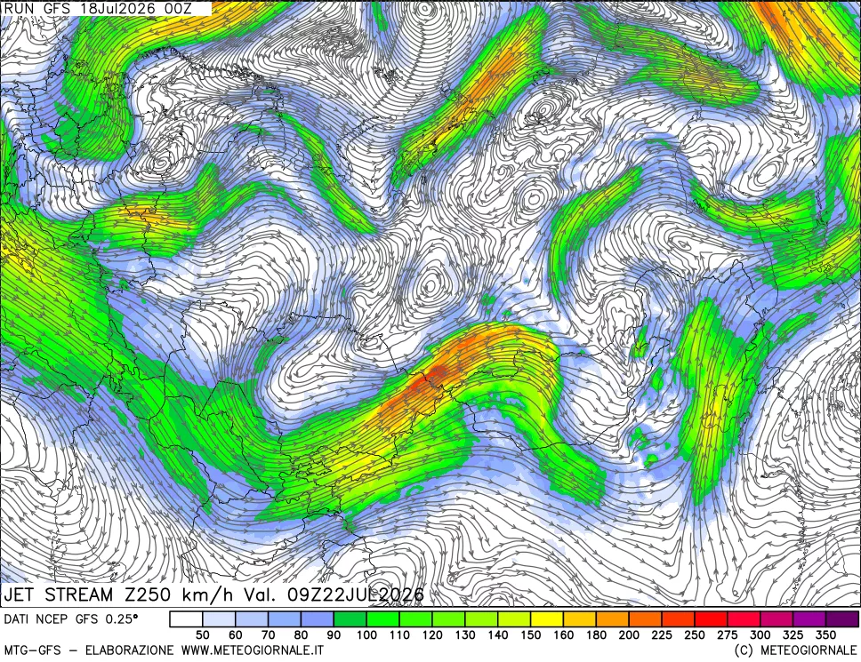 mappa 250 hPa Jet stream