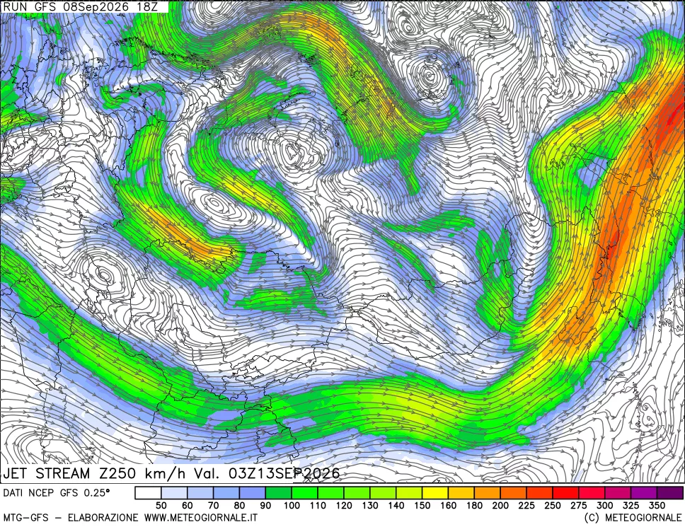 mappa 250 hPa Jet stream