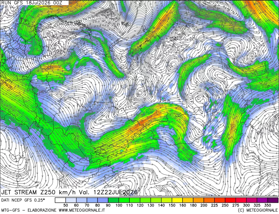 mappa 250 hPa Jet stream