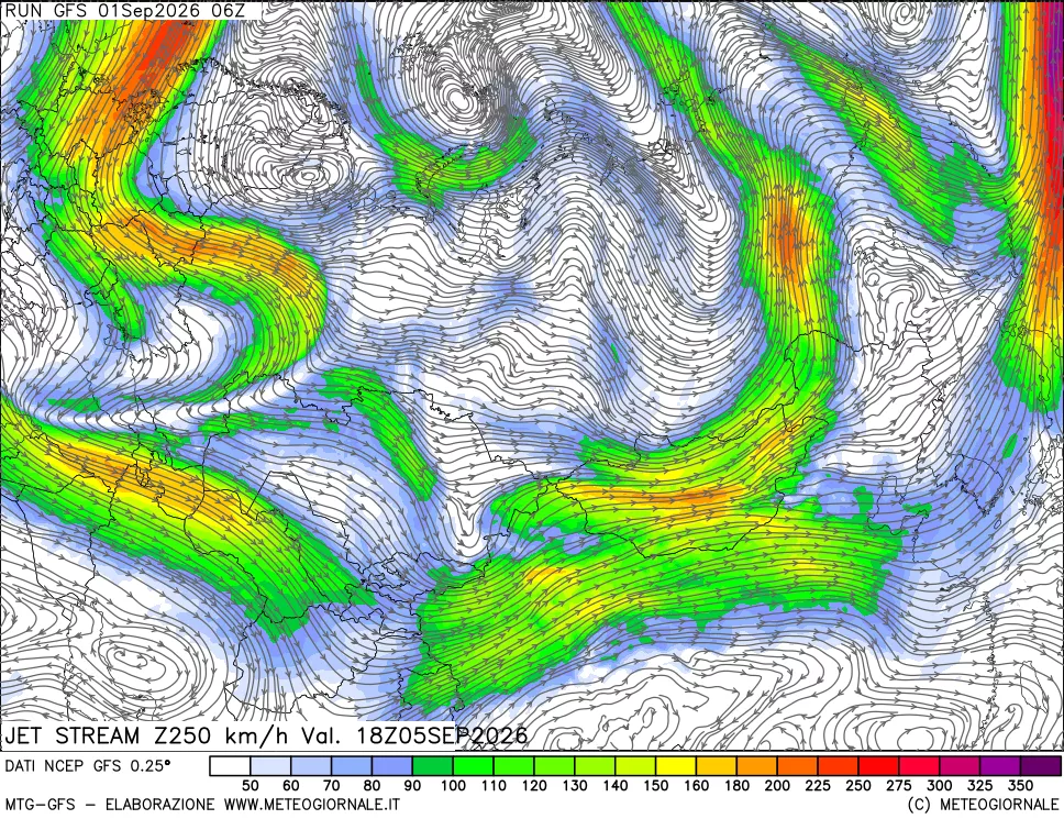 mappa 250 hPa Jet stream