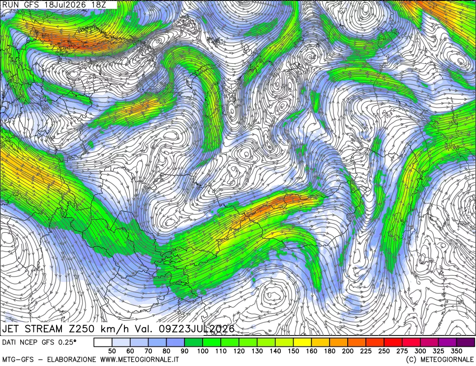 mappa 250 hPa Jet stream