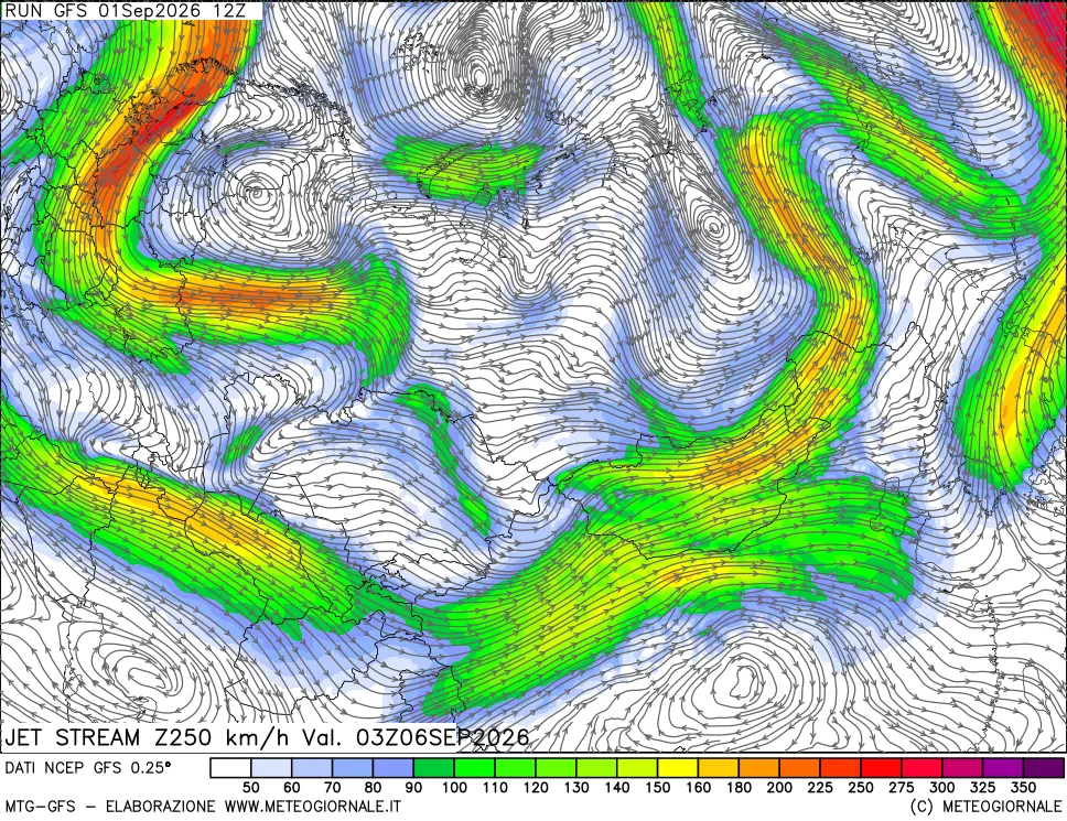 mappa 250 hPa Jet stream