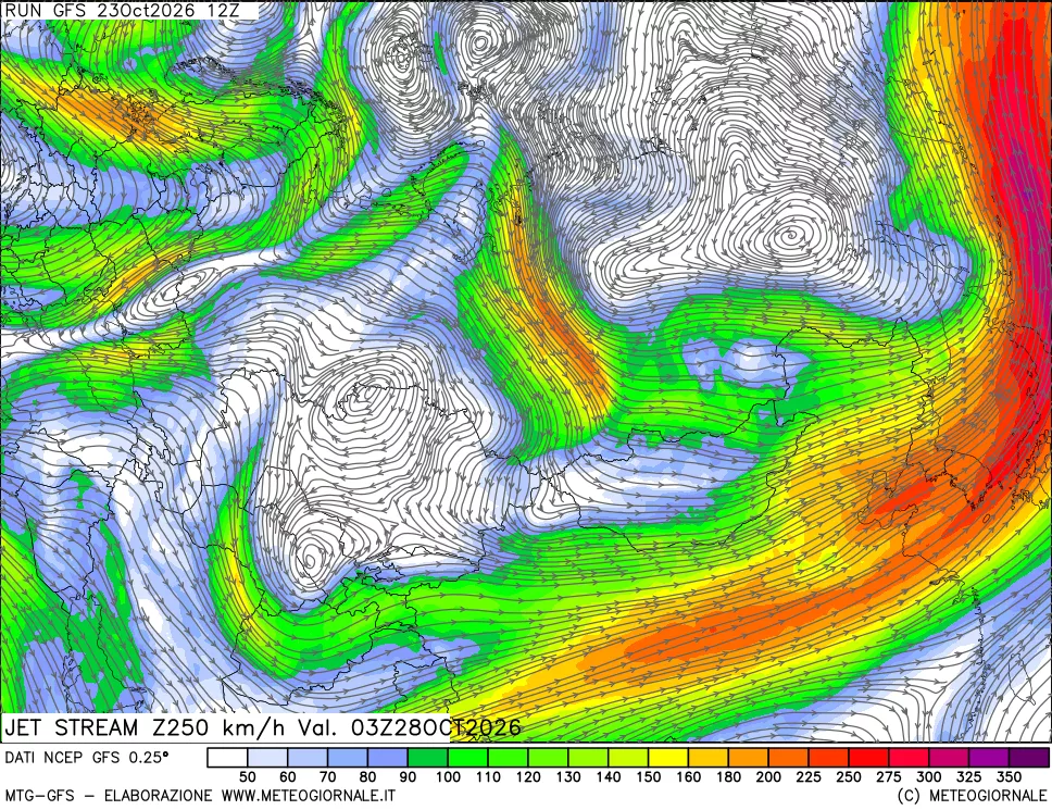 mappa 250 hPa Jet stream