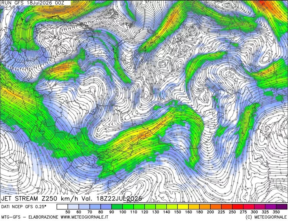 mappa 250 hPa Jet stream