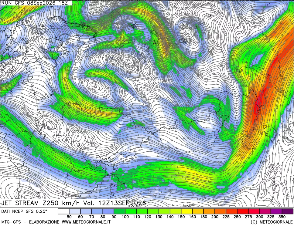 mappa 250 hPa Jet stream