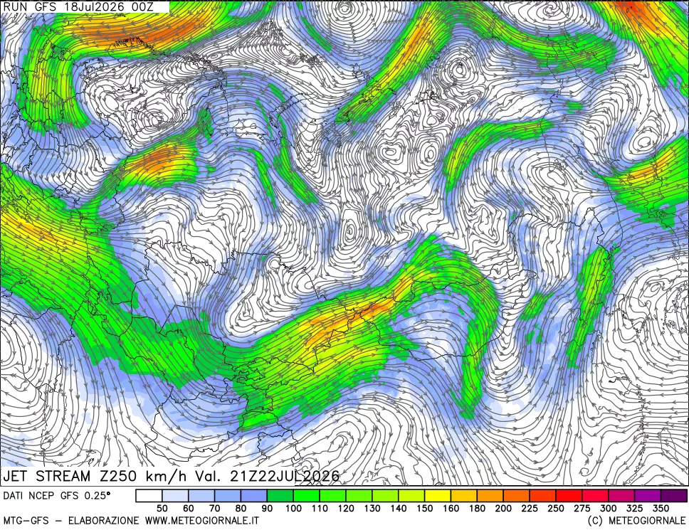 mappa 250 hPa Jet stream