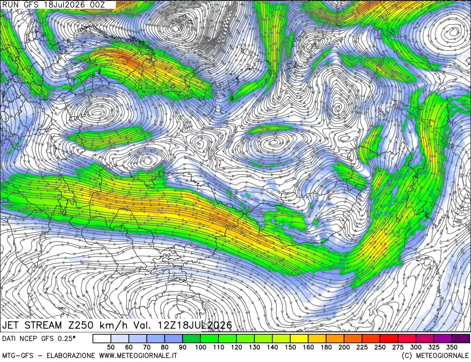 mappa 250 hPa Jet stream