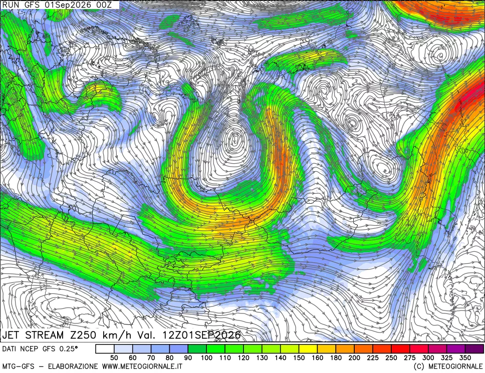 mappa 250 hPa Jet stream