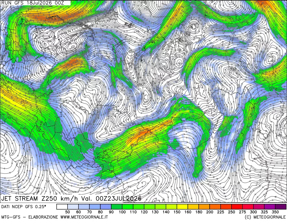 mappa 250 hPa Jet stream