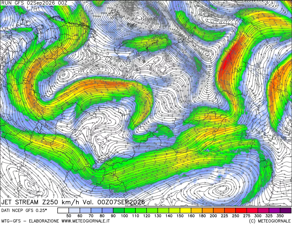 mappa 250 hPa Jet stream