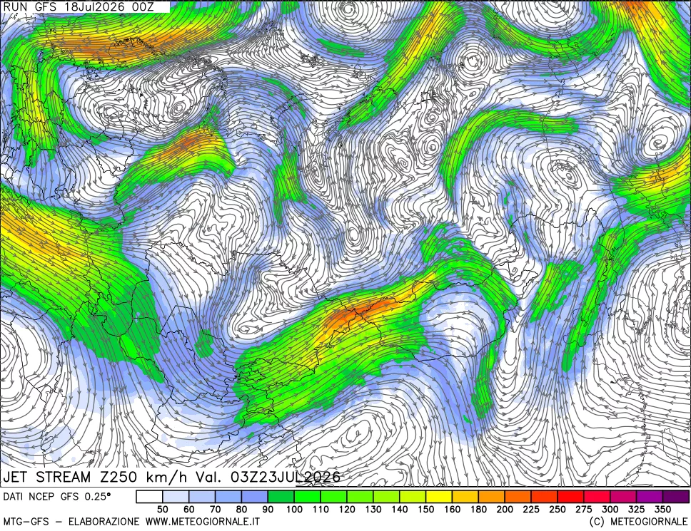 mappa 250 hPa Jet stream