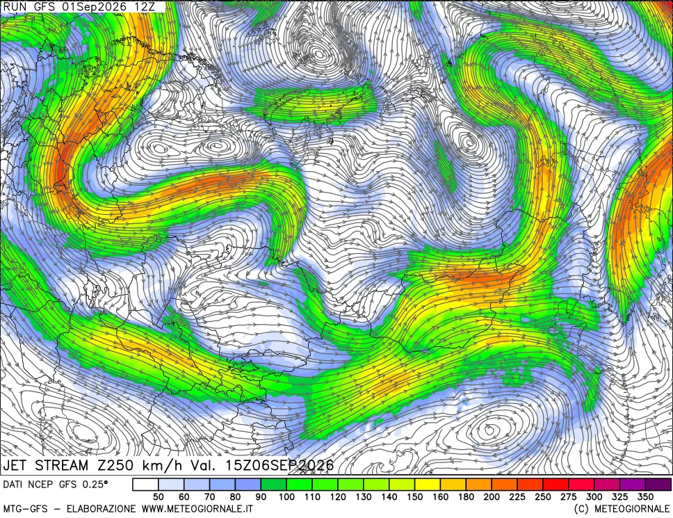 mappa 250 hPa Jet stream