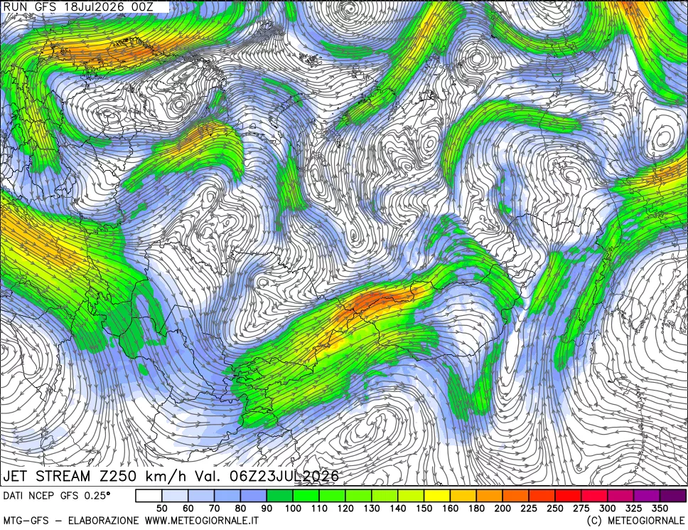 mappa 250 hPa Jet stream
