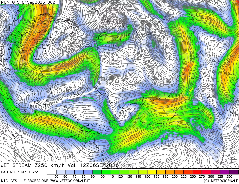 mappa 250 hPa Jet stream