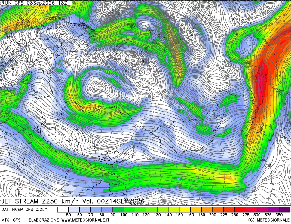 mappa 250 hPa Jet stream