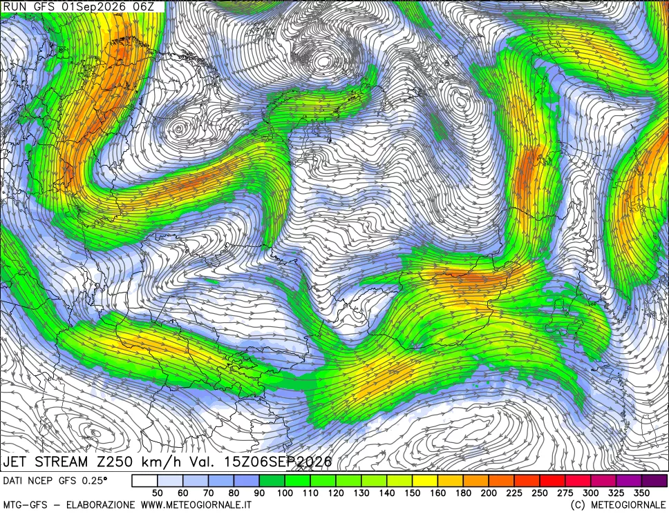 mappa 250 hPa Jet stream