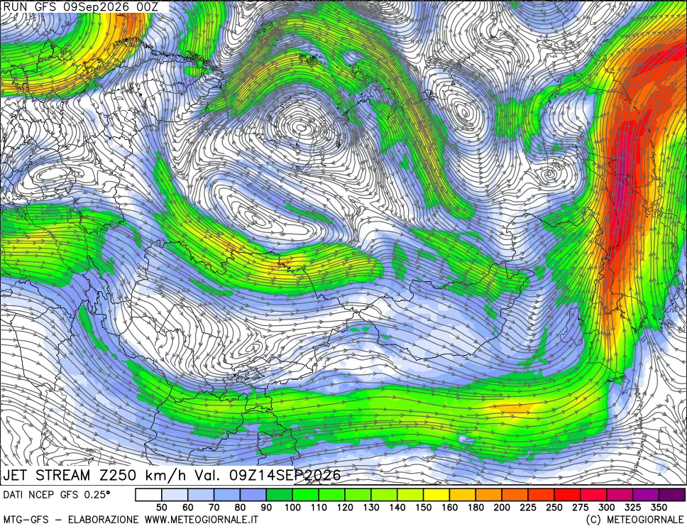 mappa 250 hPa Jet stream