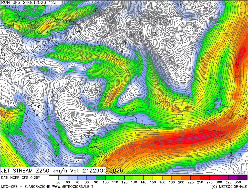 mappa 250 hPa Jet stream