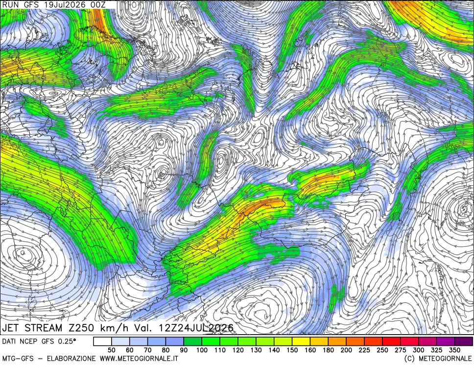 mappa 250 hPa Jet stream
