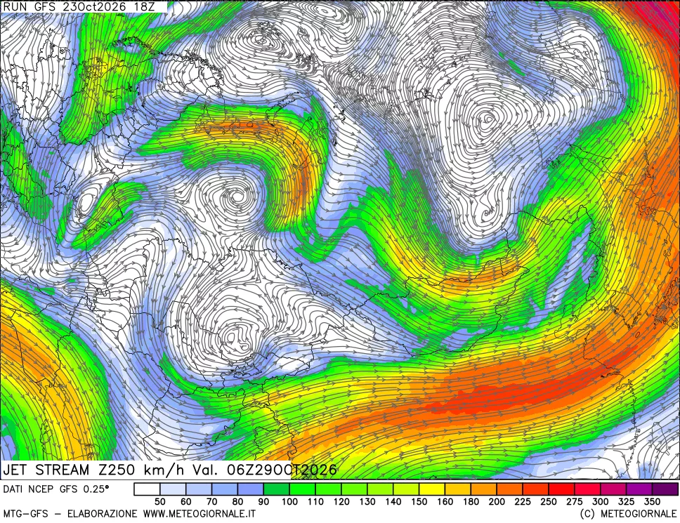 mappa 250 hPa Jet stream