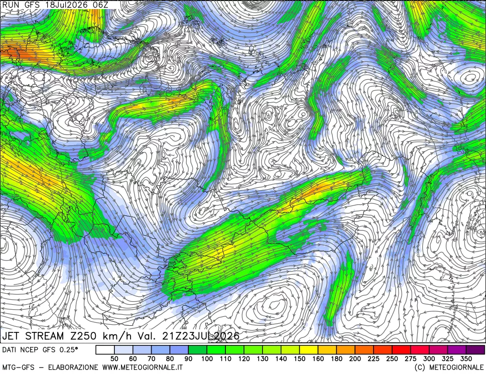 mappa 250 hPa Jet stream