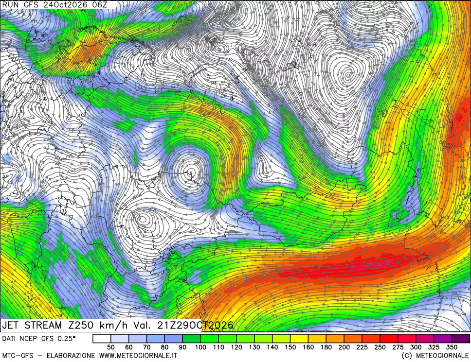 mappa 250 hPa Jet stream