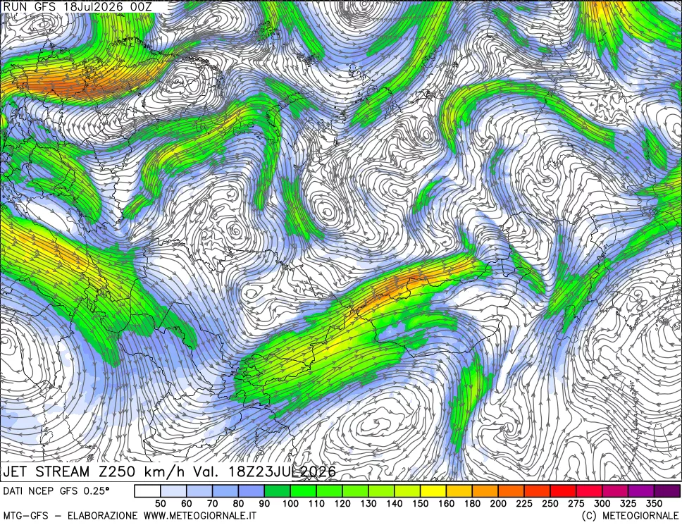 mappa 250 hPa Jet stream