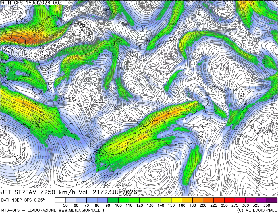 mappa 250 hPa Jet stream
