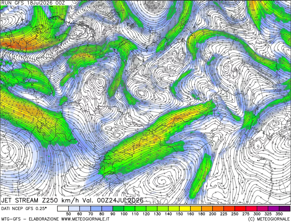mappa 250 hPa Jet stream