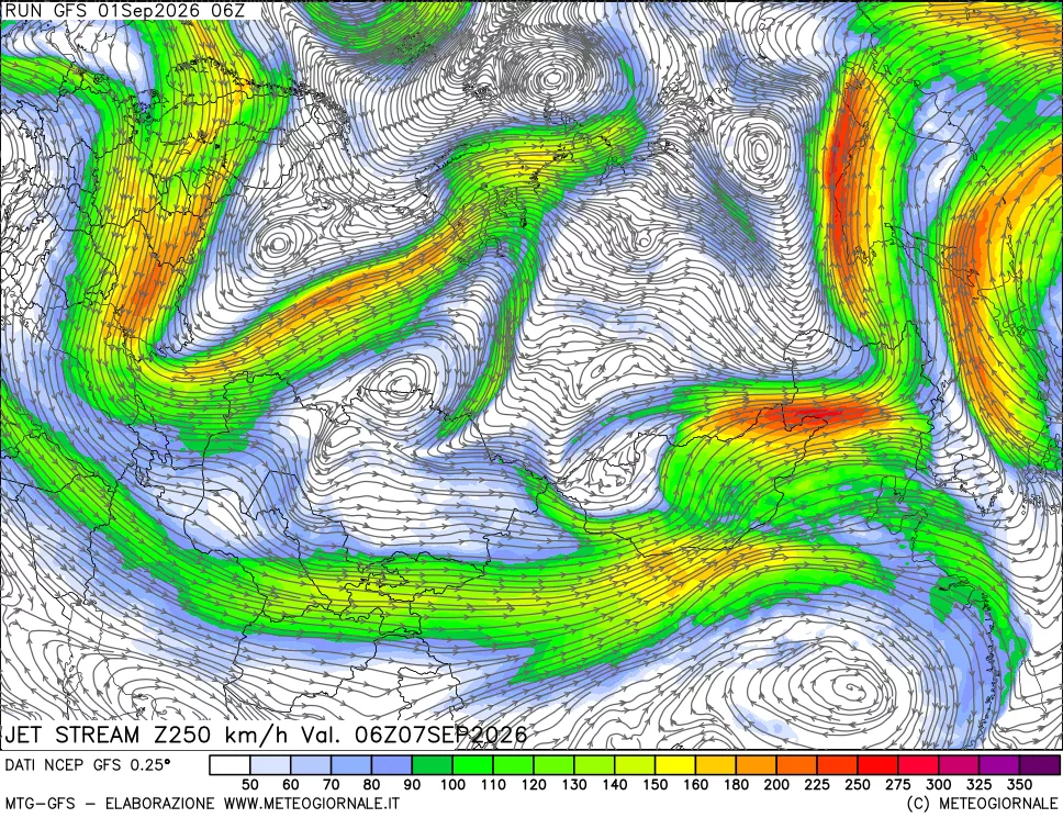 mappa 250 hPa Jet stream