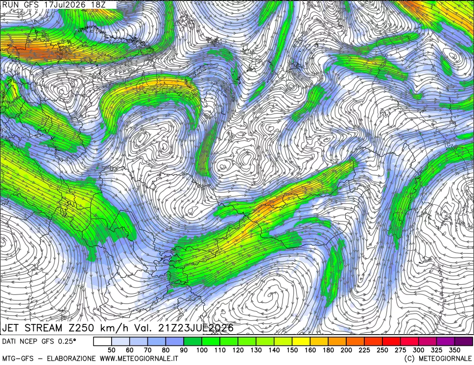 mappa 250 hPa Jet stream