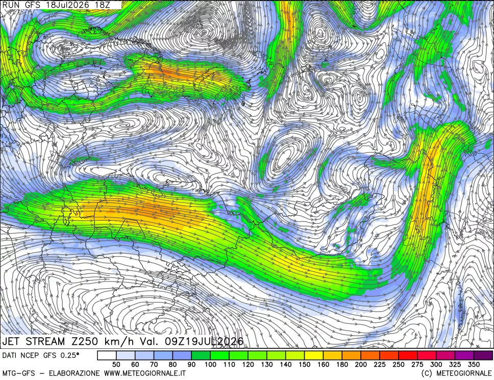 mappa 250 hPa Jet stream