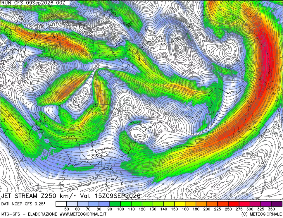 mappa 250 hPa Jet stream