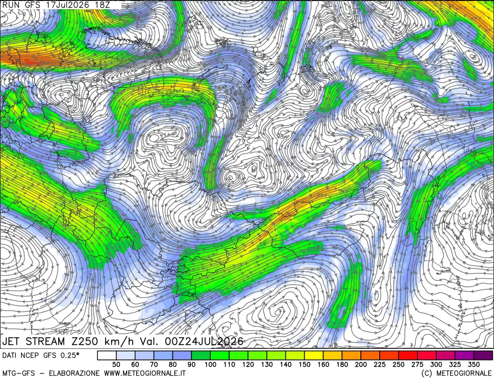 mappa 250 hPa Jet stream