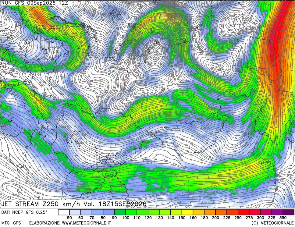 mappa 250 hPa Jet stream