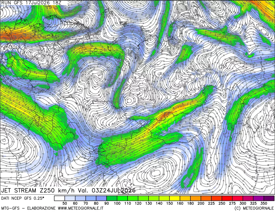 mappa 250 hPa Jet stream
