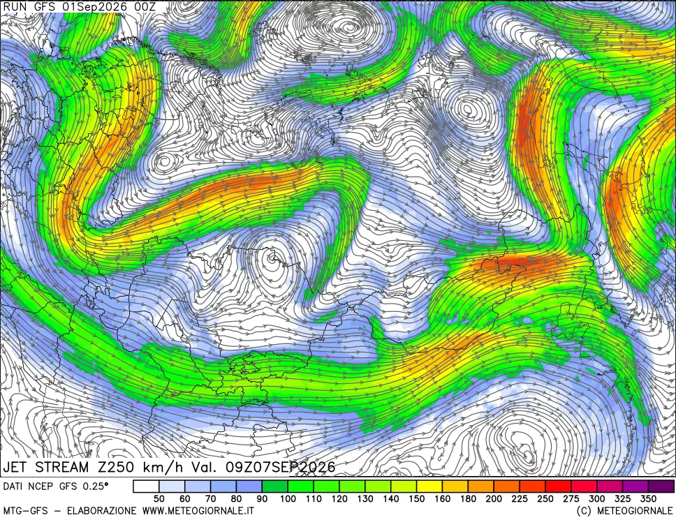 mappa 250 hPa Jet stream