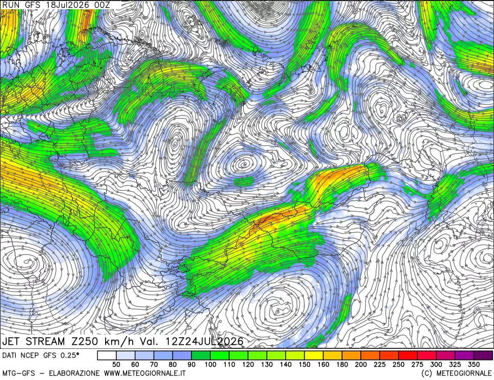 mappa 250 hPa Jet stream